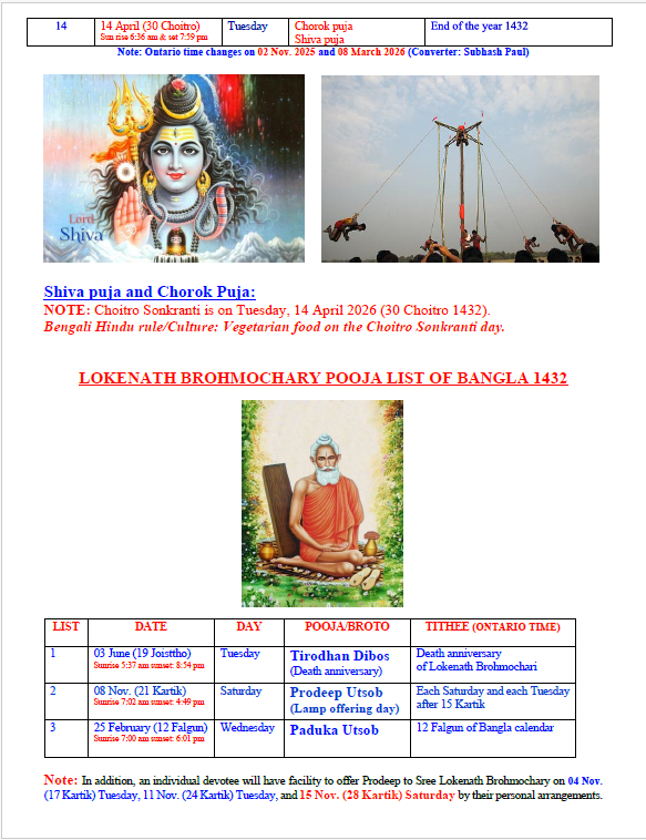 BCHM Events Calendar 1432 (Puja/Broto List for Bangla 1432)